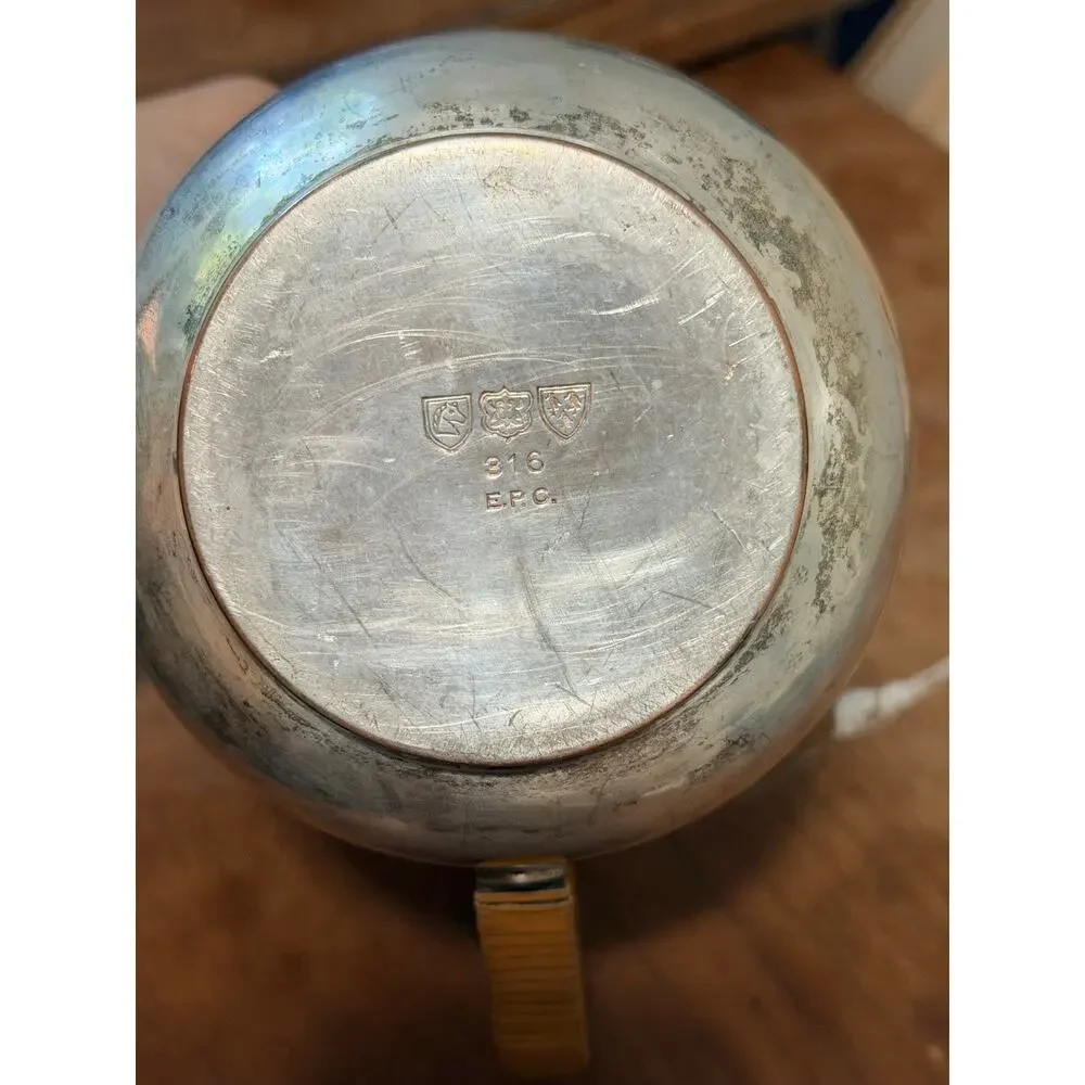 Vintage Silver-Plate Electroplated Copper Tea Kettle W/ Rattan Handle